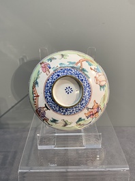 A Chinese Canton enamel 'foreigners' bowl and cover and a 'erotical subject' plate, Yongzheng/Qianlong