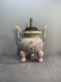 A large and impressive Chinese famille rose 'bajixiang and lotus scroll' censer with a wooden cover, Jiaqing mark and of the period