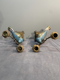 A pair of Chinese cloisonn&eacute; pigeons mounted as candelabras, 19th C.