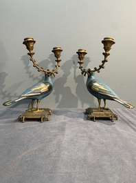 A pair of Chinese cloisonn&eacute; pigeons mounted as candelabras, 19th C.