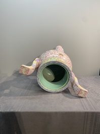 A large and impressive Chinese famille rose 'bajixiang and lotus scroll' censer with a wooden cover, Jiaqing mark and of the period