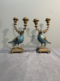A pair of Chinese cloisonn&eacute; pigeons mounted as candelabras, 19th C.