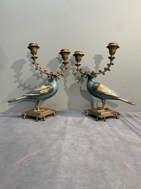 A pair of Chinese cloisonn&eacute; pigeons mounted as candelabras, 19th C.