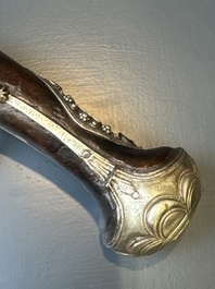 Three impressive flintlock muskets or 'moukahlas', two percussion pistols and three gunpowder horns, Morocco, 18/19th C.