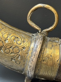 Three impressive flintlock muskets or 'moukahlas', two percussion pistols and three gunpowder horns, Morocco, 18/19th C.