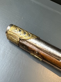 Three impressive flintlock muskets or 'moukahlas', two percussion pistols and three gunpowder horns, Morocco, 18/19th C.