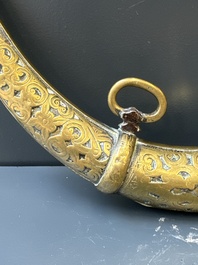 Three impressive flintlock muskets or 'moukahlas', two percussion pistols and three gunpowder horns, Morocco, 18/19th C.