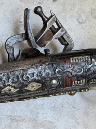 Three impressive flintlock muskets or 'moukahlas', two percussion pistols and three gunpowder horns, Morocco, 18/19th C.