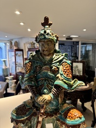 An impressive and fine Chinese sancai-glazed biscuit Guandi, Ming, 17th C.