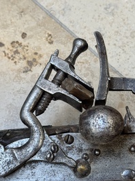 Three impressive flintlock muskets or 'moukahlas', two percussion pistols and three gunpowder horns, Morocco, 18/19th C.