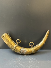Three impressive flintlock muskets or 'moukahlas', two percussion pistols and three gunpowder horns, Morocco, 18/19th C.