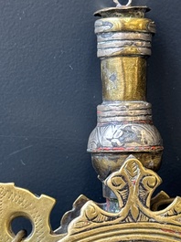 Three impressive flintlock muskets or 'moukahlas', two percussion pistols and three gunpowder horns, Morocco, 18/19th C.