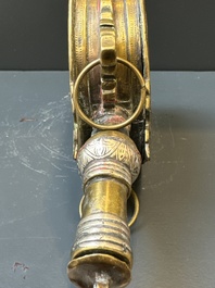 Three impressive flintlock muskets or 'moukahlas', two percussion pistols and three gunpowder horns, Morocco, 18/19th C.
