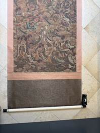 Chinese school: 'A sky full of Buddhist divinities', ink and colour on silk, 18th C.