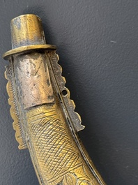 Three impressive flintlock muskets or 'moukahlas', two percussion pistols and three gunpowder horns, Morocco, 18/19th C.