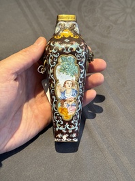 A square Chinese Canton enamel 'European subject' vase, Qianlong mark and probably of the period
