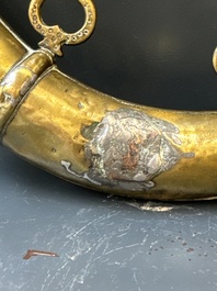 Three impressive flintlock muskets or 'moukahlas', two percussion pistols and three gunpowder horns, Morocco, 18/19th C.