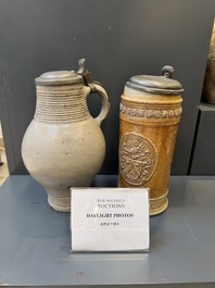 Two stoneware jugs with pewter lids, one with a coat of arms and dated 1636, Germany, 17th C.
