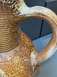 Two armorial stoneware jugs, Raeren, one dated 1586, 16/17th C.