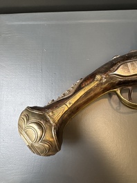 Three impressive flintlock muskets or 'moukahlas', two percussion pistols and three gunpowder horns, Morocco, 18/19th C.