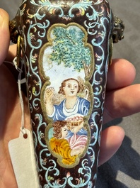 A square Chinese Canton enamel 'European subject' vase, Qianlong mark and probably of the period