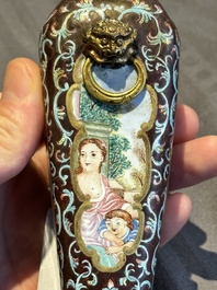 A square Chinese Canton enamel 'European subject' vase, Qianlong mark and probably of the period