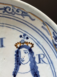 A rare London or Bristol polychrome Delftware 'William and Mary' dish, late 17th C.