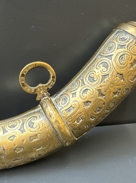 Three impressive flintlock muskets or 'moukahlas', two percussion pistols and three gunpowder horns, Morocco, 18/19th C.