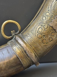Three impressive flintlock muskets or 'moukahlas', two percussion pistols and three gunpowder horns, Morocco, 18/19th C.