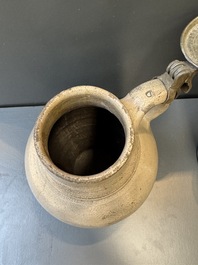 Two stoneware jugs with pewter lids, one with a coat of arms and dated 1636, Germany, 17th C.