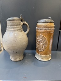 Two stoneware jugs with pewter lids, one with a coat of arms and dated 1636, Germany, 17th C.