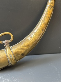 Three impressive flintlock muskets or 'moukahlas', two percussion pistols and three gunpowder horns, Morocco, 18/19th C.