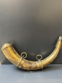 Three impressive flintlock muskets or 'moukahlas', two percussion pistols and three gunpowder horns, Morocco, 18/19th C.