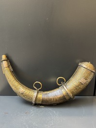 Three impressive flintlock muskets or 'moukahlas', two percussion pistols and three gunpowder horns, Morocco, 18/19th C.