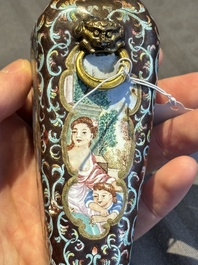 A square Chinese Canton enamel 'European subject' vase, Qianlong mark and probably of the period
