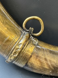 Three impressive flintlock muskets or 'moukahlas', two percussion pistols and three gunpowder horns, Morocco, 18/19th C.