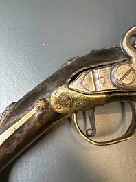 Three impressive flintlock muskets or 'moukahlas', two percussion pistols and three gunpowder horns, Morocco, 18/19th C.