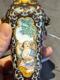 A square Chinese Canton enamel 'European subject' vase, Qianlong mark and probably of the period