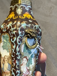 A square Chinese Canton enamel 'European subject' vase, Qianlong mark and probably of the period