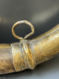 Three impressive flintlock muskets or 'moukahlas', two percussion pistols and three gunpowder horns, Morocco, 18/19th C.