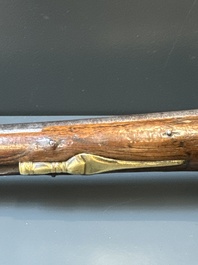 Three impressive flintlock muskets or 'moukahlas', two percussion pistols and three gunpowder horns, Morocco, 18/19th C.
