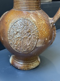Two armorial stoneware jugs, Raeren, one dated 1586, 16/17th C.