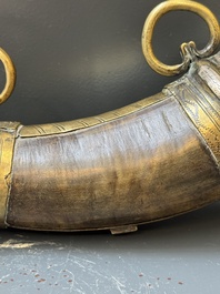 Three impressive flintlock muskets or 'moukahlas', two percussion pistols and three gunpowder horns, Morocco, 18/19th C.