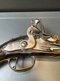 Three impressive flintlock muskets or 'moukahlas', two percussion pistols and three gunpowder horns, Morocco, 18/19th C.