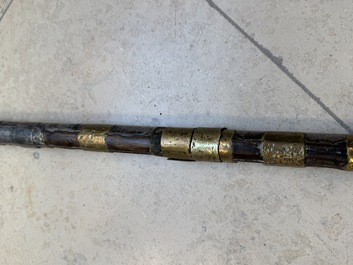 Three impressive flintlock muskets or 'moukahlas', two percussion pistols and three gunpowder horns, Morocco, 18/19th C.