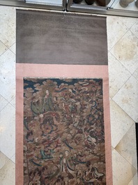 Chinese school: 'A sky full of Buddhist divinities', ink and colour on silk, 18th C.