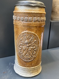 Two stoneware jugs with pewter lids, one with a coat of arms and dated 1636, Germany, 17th C.