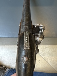 Three impressive flintlock muskets or 'moukahlas', two percussion pistols and three gunpowder horns, Morocco, 18/19th C.