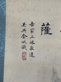 Jin Zhang 金章 (1884-1939) and Jin Cheng 金城 (1878-1926): 'Bodhisattva seated on a lotus throne', ink and colour on paper