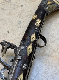 Three impressive flintlock muskets or 'moukahlas', two percussion pistols and three gunpowder horns, Morocco, 18/19th C.